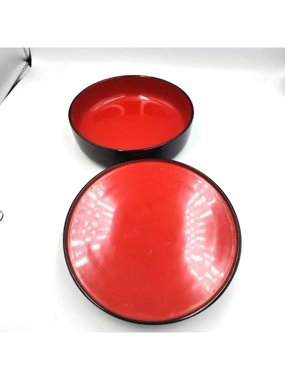 Vintage Bunco Okinawa Japanese Lacquerware Covered Bowl Black Red Scenic Lid